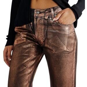 Free People We The Free Maggie Mid-Rise Coated Straight Jeans Brown/Gold 25 NWT